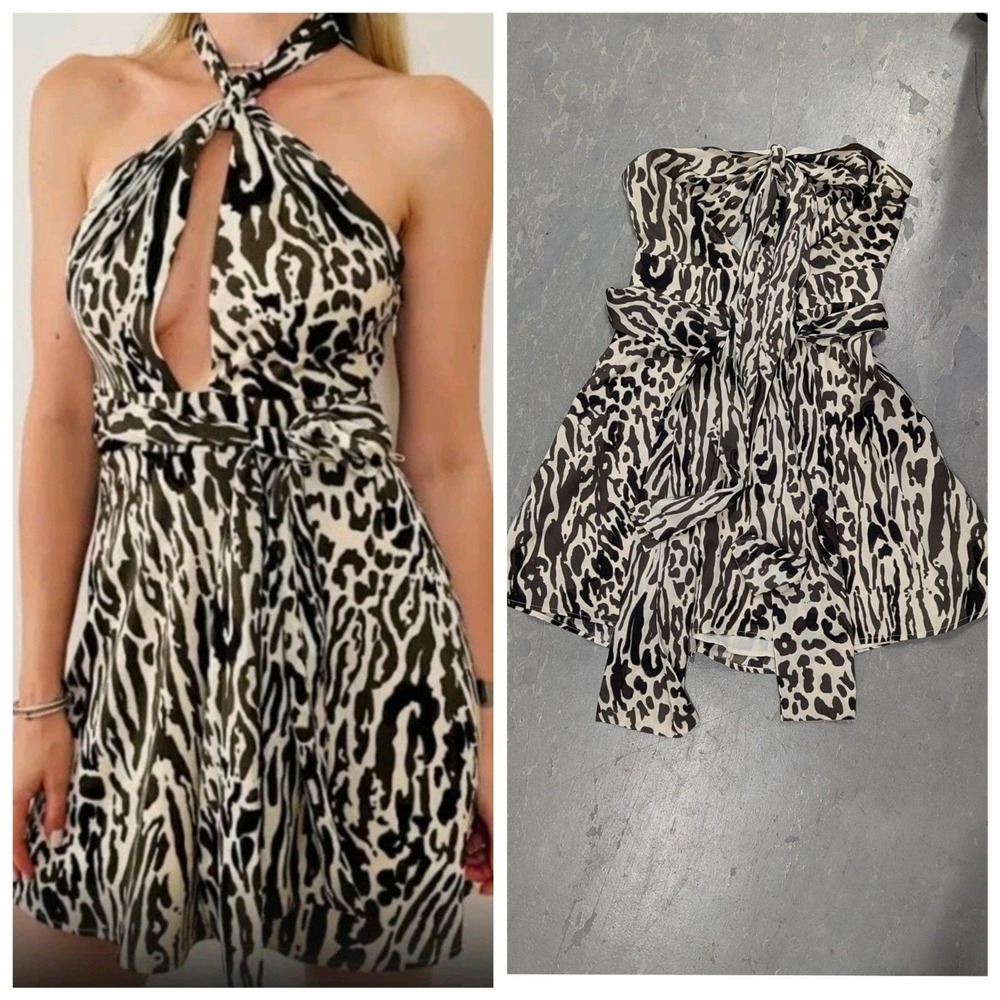 Y2K Mob Wife Leopard Halter Mini Dress NWT Banana Republic Satin Size 0